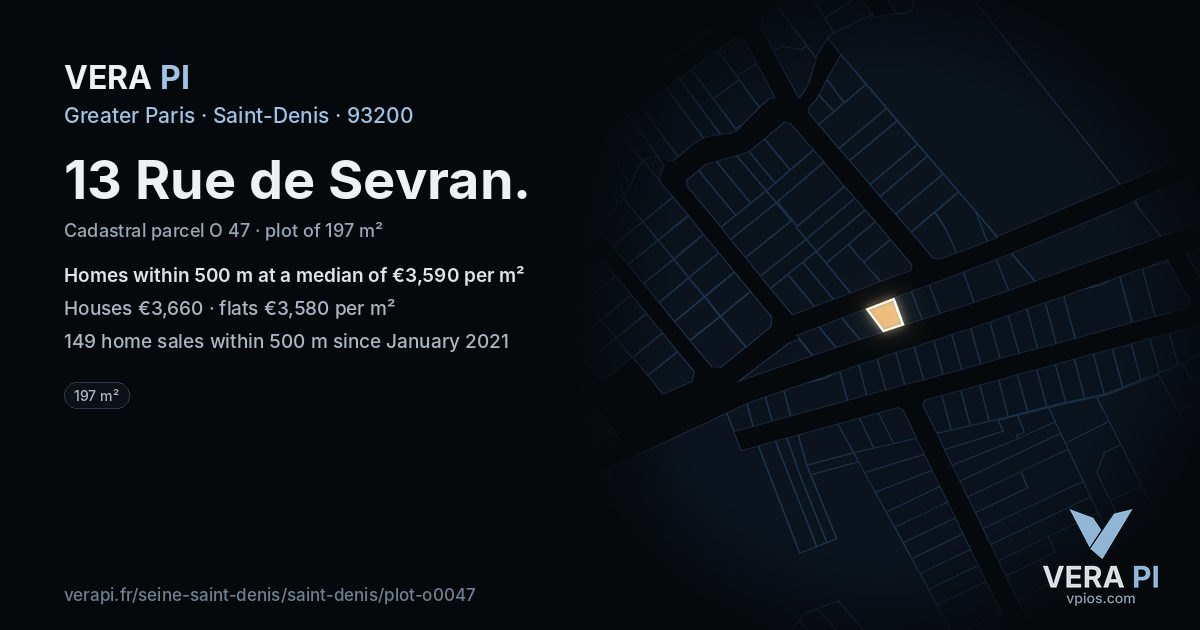 13 Rue de Sevran, Saint-Denis at night – the plot lit, the parcels around coloured by the prices near them