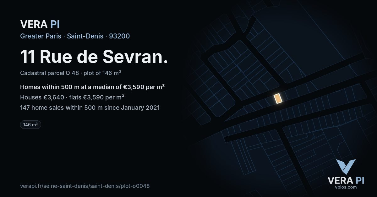 11 Rue de Sevran, Saint-Denis at night – the plot lit, the parcels around coloured by the prices near them