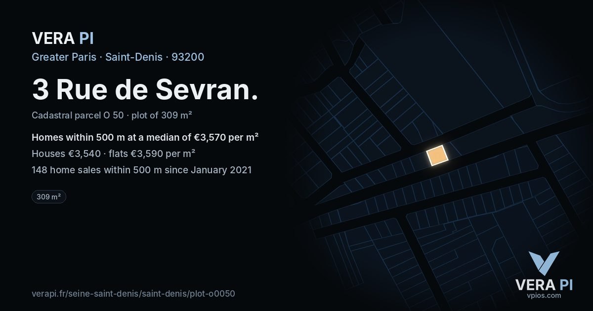 3 Rue de Sevran, Saint-Denis at night – the plot lit, the parcels around coloured by the prices near them