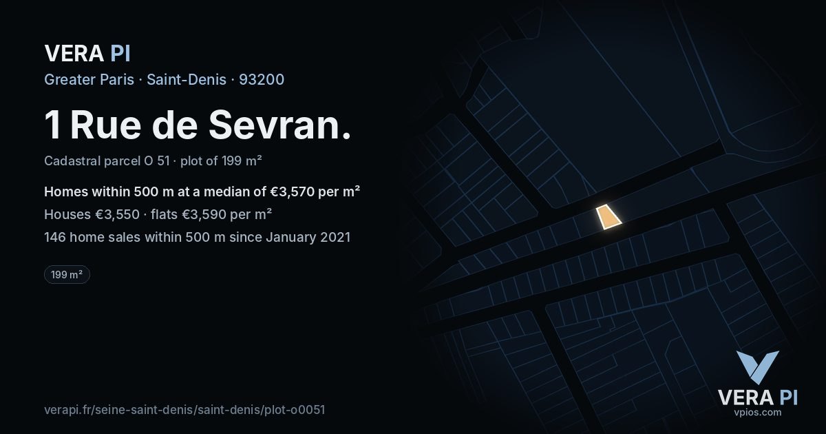 1 Rue de Sevran, Saint-Denis at night – the plot lit, the parcels around coloured by the prices near them