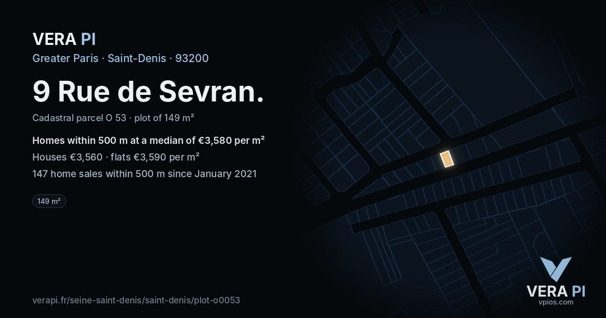 9 Rue de Sevran, Saint-Denis at night – the plot lit, the parcels around coloured by the prices near them