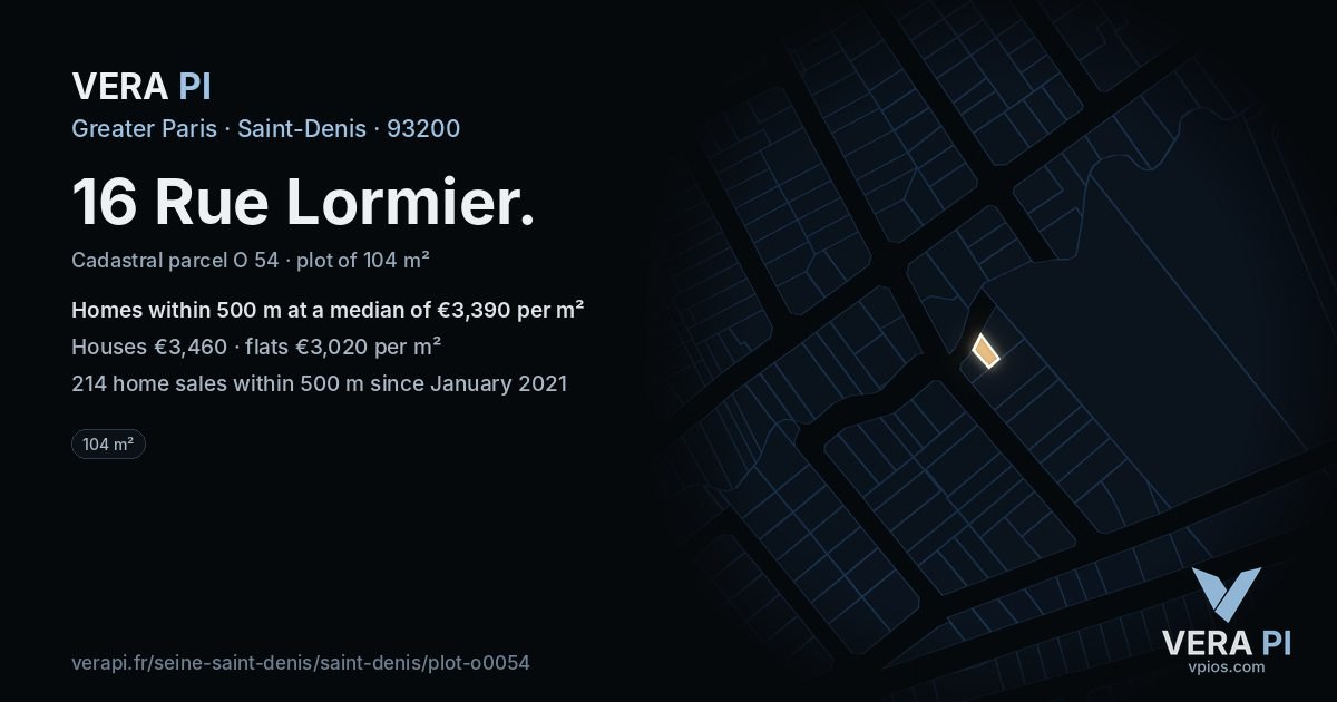 16 Rue Lormier, Saint-Denis at night – the plot lit, the parcels around coloured by the prices near them