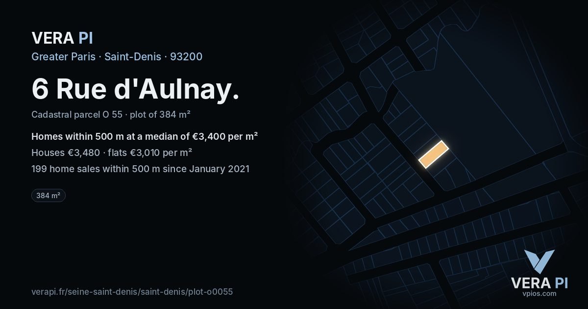 6 Rue d'Aulnay, Saint-Denis at night – the plot lit, the parcels around coloured by the prices near them