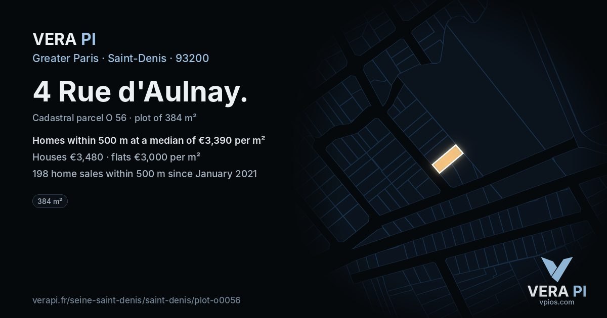4 Rue d'Aulnay, Saint-Denis at night – the plot lit, the parcels around coloured by the prices near them