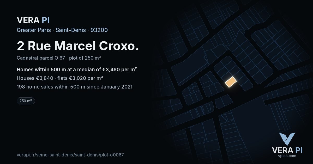 2 Rue Marcel Croxo, Saint-Denis at night – the plot lit, the parcels around coloured by the prices near them