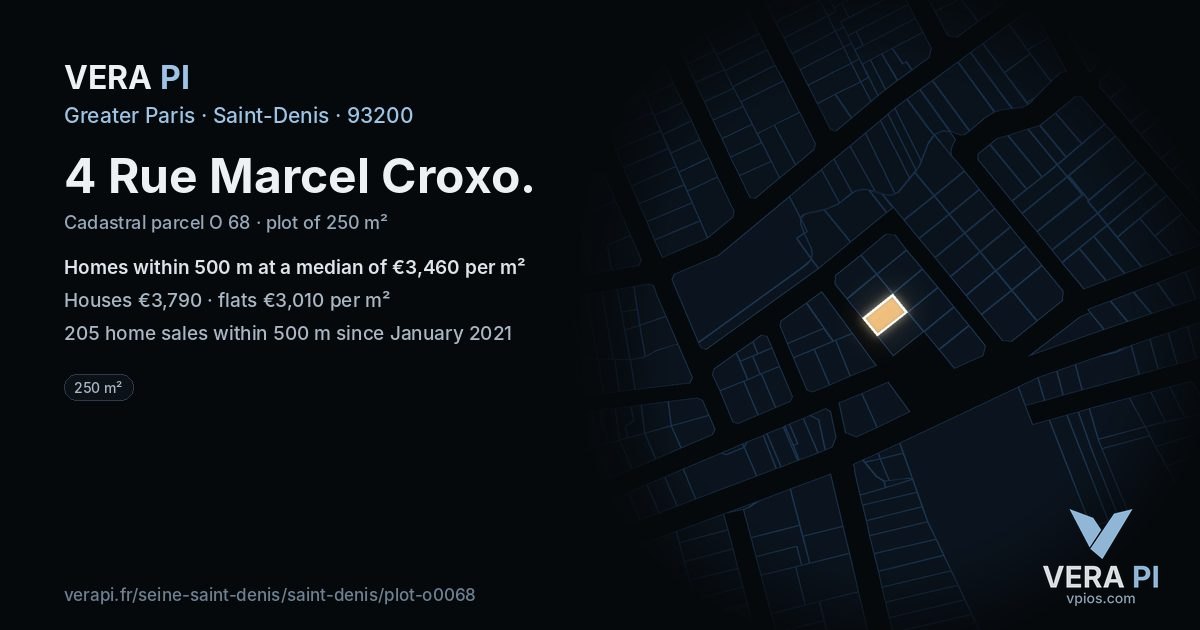 4 Rue Marcel Croxo, Saint-Denis at night – the plot lit, the parcels around coloured by the prices near them