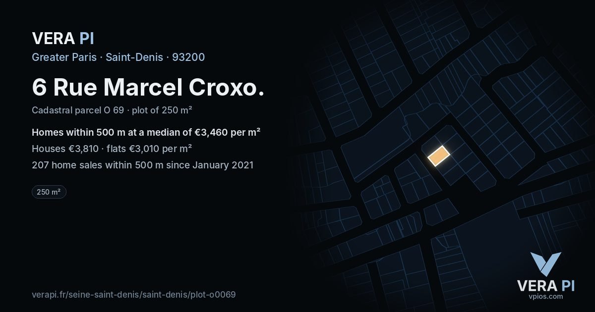 6 Rue Marcel Croxo, Saint-Denis at night – the plot lit, the parcels around coloured by the prices near them