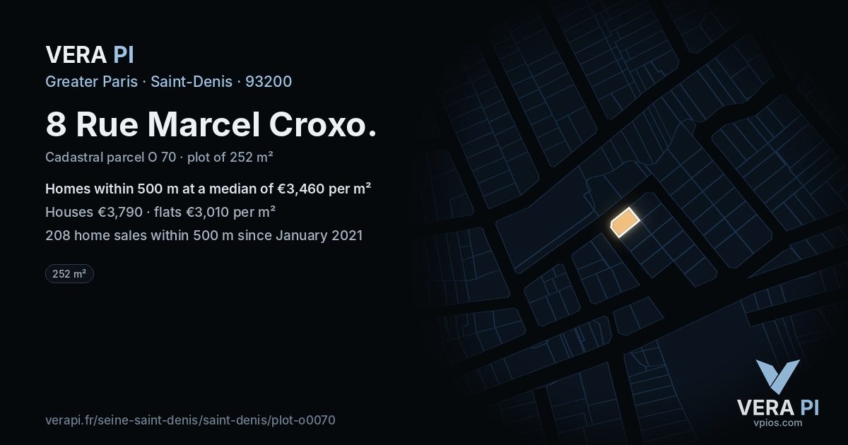 8 Rue Marcel Croxo, Saint-Denis at night – the plot lit, the parcels around coloured by the prices near them