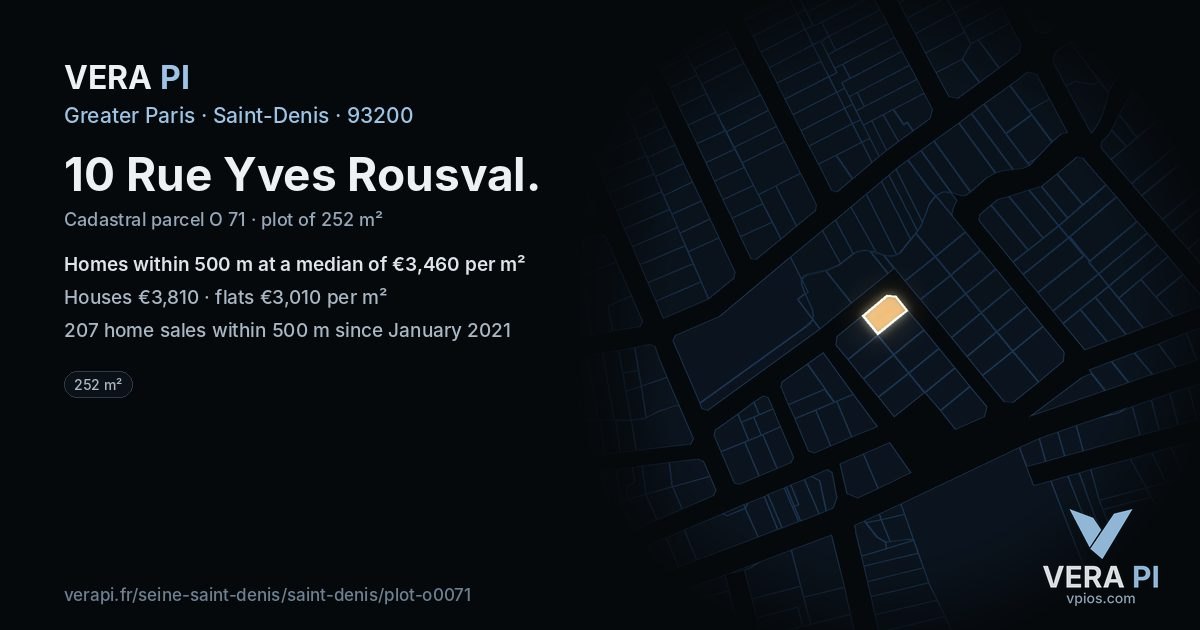 10 Rue Yves Rousval, Saint-Denis at night – the plot lit, the parcels around coloured by the prices near them
