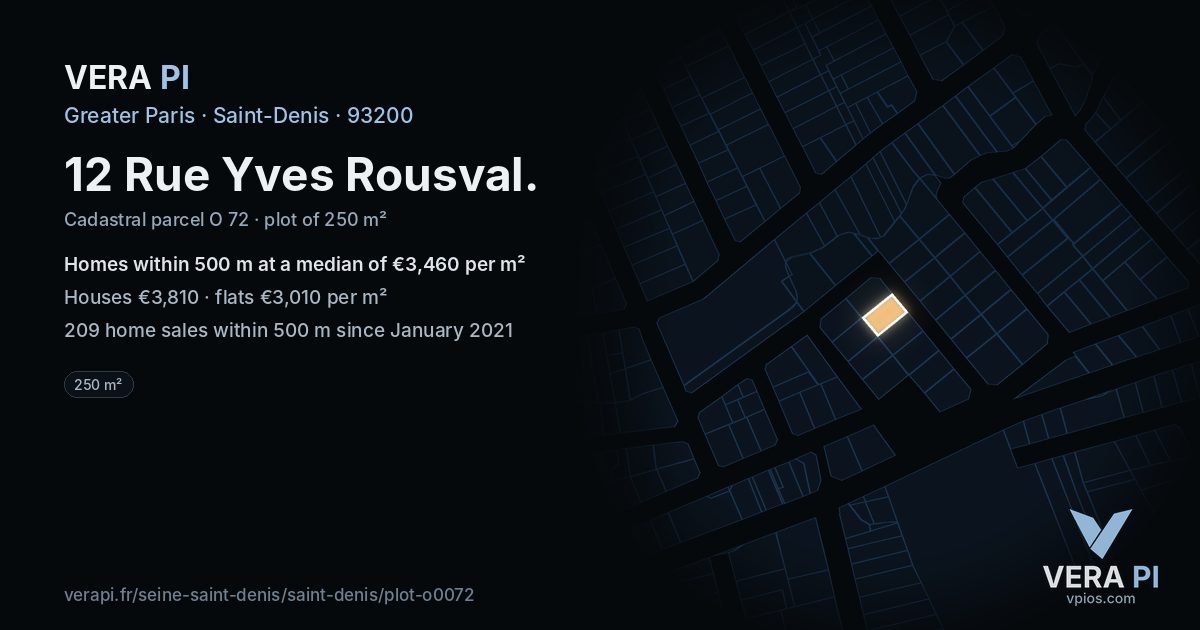 12 Rue Yves Rousval, Saint-Denis at night – the plot lit, the parcels around coloured by the prices near them