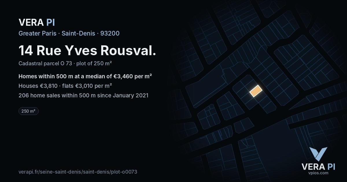 14 Rue Yves Rousval, Saint-Denis at night – the plot lit, the parcels around coloured by the prices near them