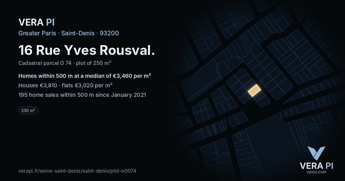 16 Rue Yves Rousval, Saint-Denis at night – the plot lit, the parcels around coloured by the prices near them