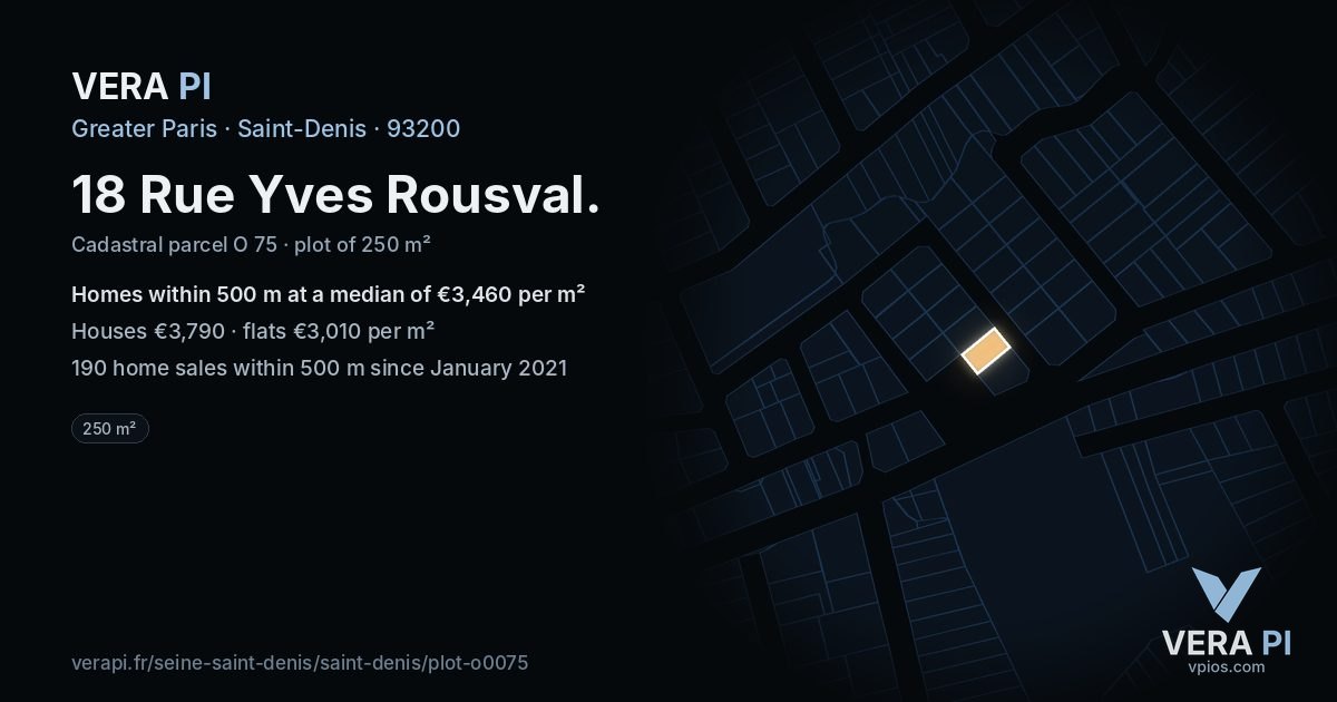 18 Rue Yves Rousval, Saint-Denis at night – the plot lit, the parcels around coloured by the prices near them
