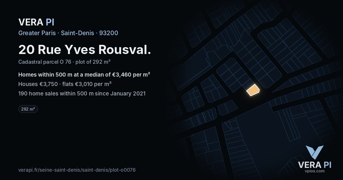 20 Rue Yves Rousval, Saint-Denis at night – the plot lit, the parcels around coloured by the prices near them