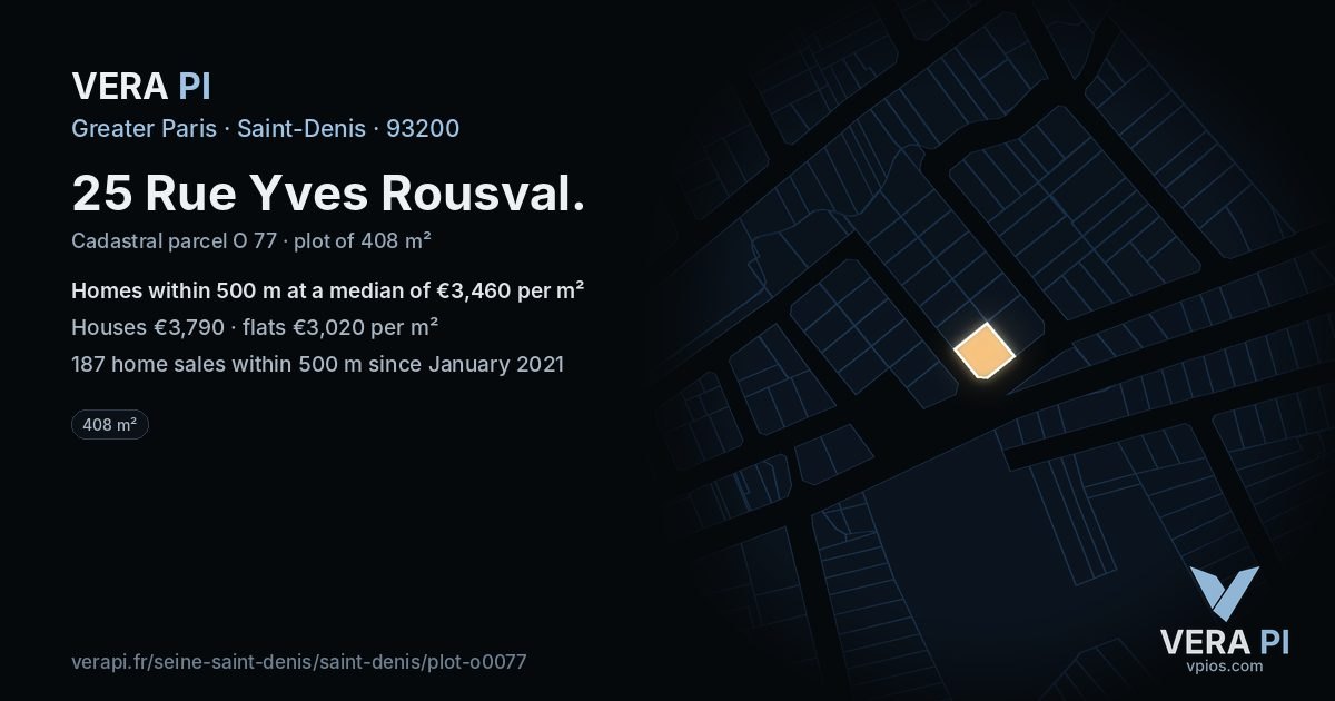 25 Rue Yves Rousval, Saint-Denis at night – the plot lit, the parcels around coloured by the prices near them