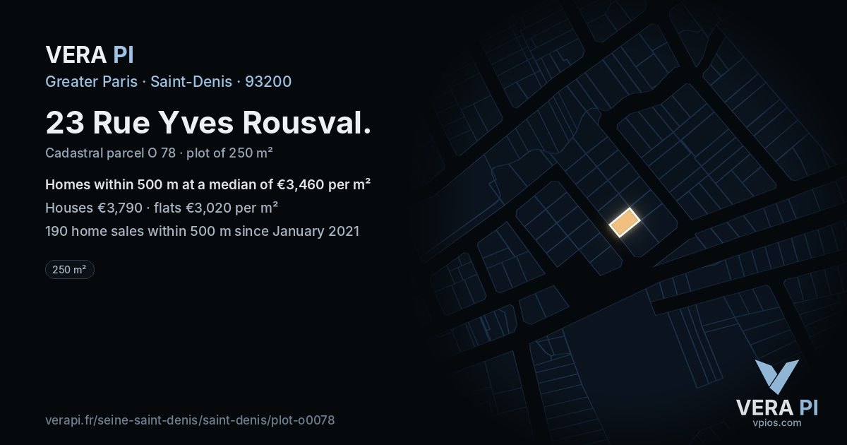 23 Rue Yves Rousval, Saint-Denis at night – the plot lit, the parcels around coloured by the prices near them