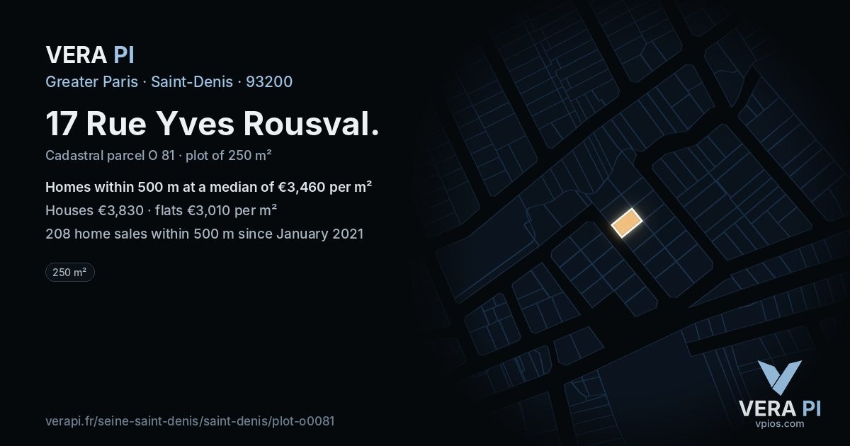 17 Rue Yves Rousval, Saint-Denis at night – the plot lit, the parcels around coloured by the prices near them