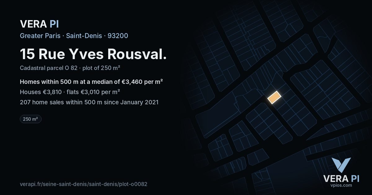 15 Rue Yves Rousval, Saint-Denis at night – the plot lit, the parcels around coloured by the prices near them