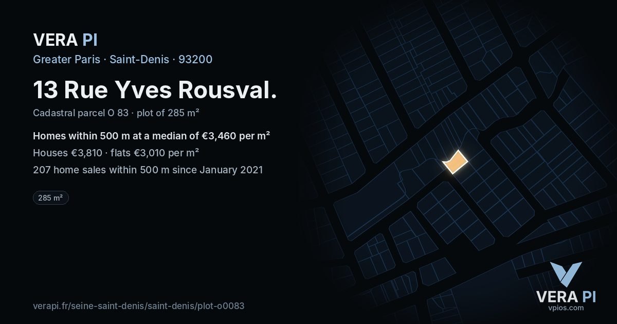 13 Rue Yves Rousval, Saint-Denis at night – the plot lit, the parcels around coloured by the prices near them