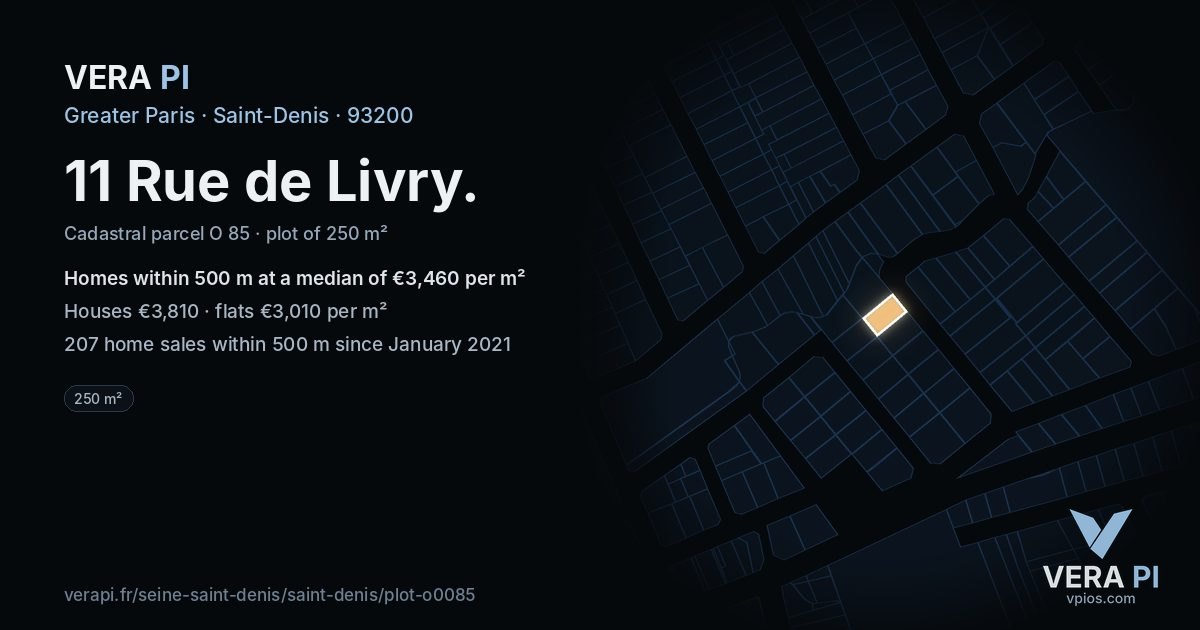 11 Rue de Livry, Saint-Denis at night – the plot lit, the parcels around coloured by the prices near them