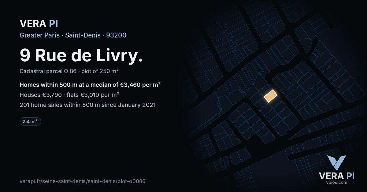 9 Rue de Livry, Saint-Denis at night – the plot lit, the parcels around coloured by the prices near them