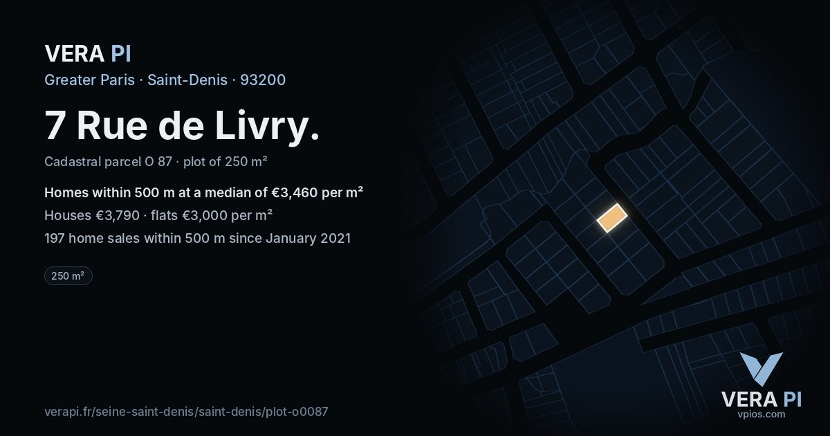 7 Rue de Livry, Saint-Denis at night – the plot lit, the parcels around coloured by the prices near them