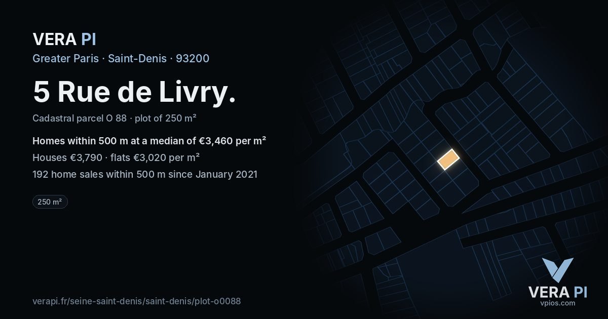 5 Rue de Livry, Saint-Denis at night – the plot lit, the parcels around coloured by the prices near them