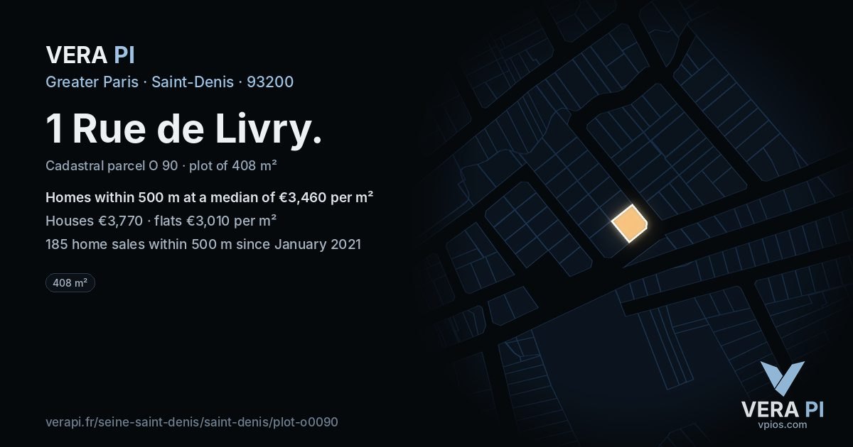 1 Rue de Livry, Saint-Denis at night – the plot lit, the parcels around coloured by the prices near them