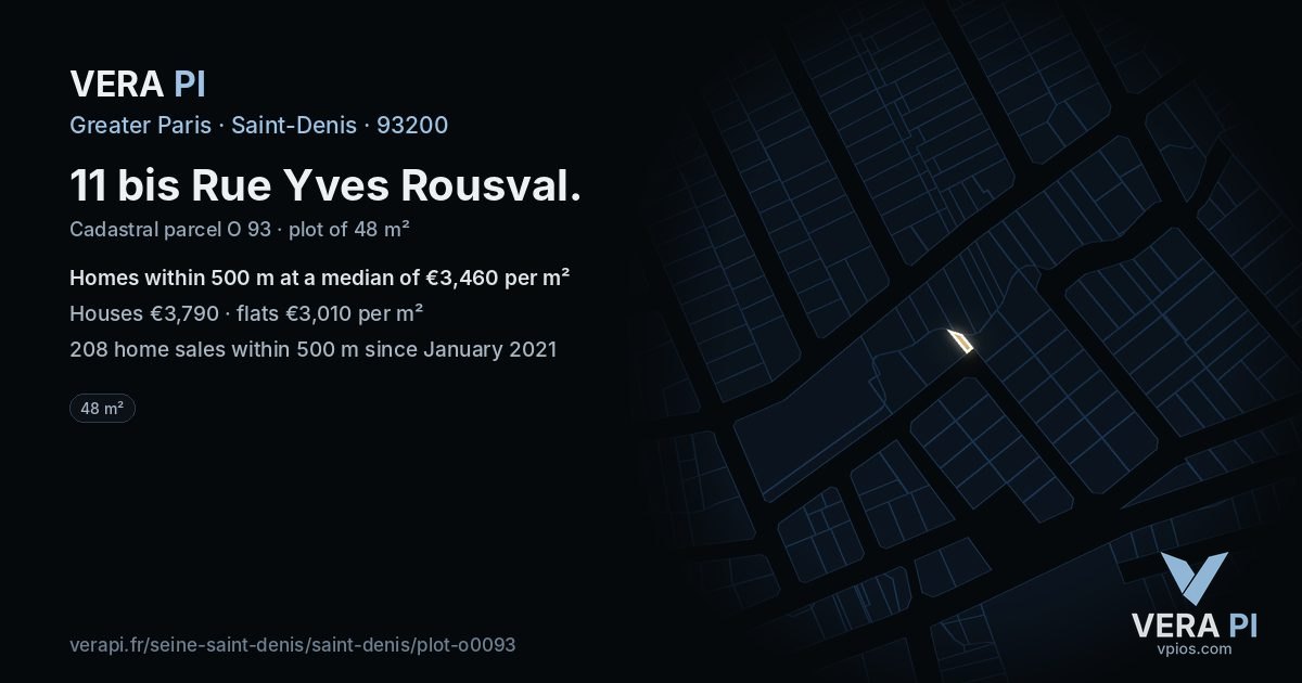 11 bis Rue Yves Rousval, Saint-Denis at night – the plot lit, the parcels around coloured by the prices near them