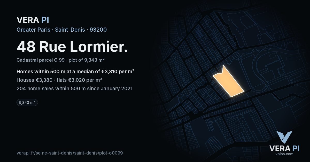 48 Rue Lormier, Saint-Denis at night – the plot lit, the parcels around coloured by the prices near them