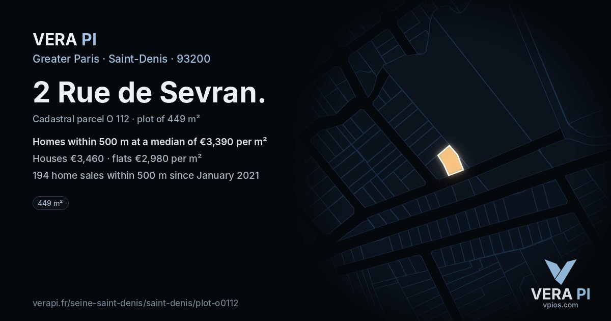 2 Rue de Sevran, Saint-Denis at night – the plot lit, the parcels around coloured by the prices near them