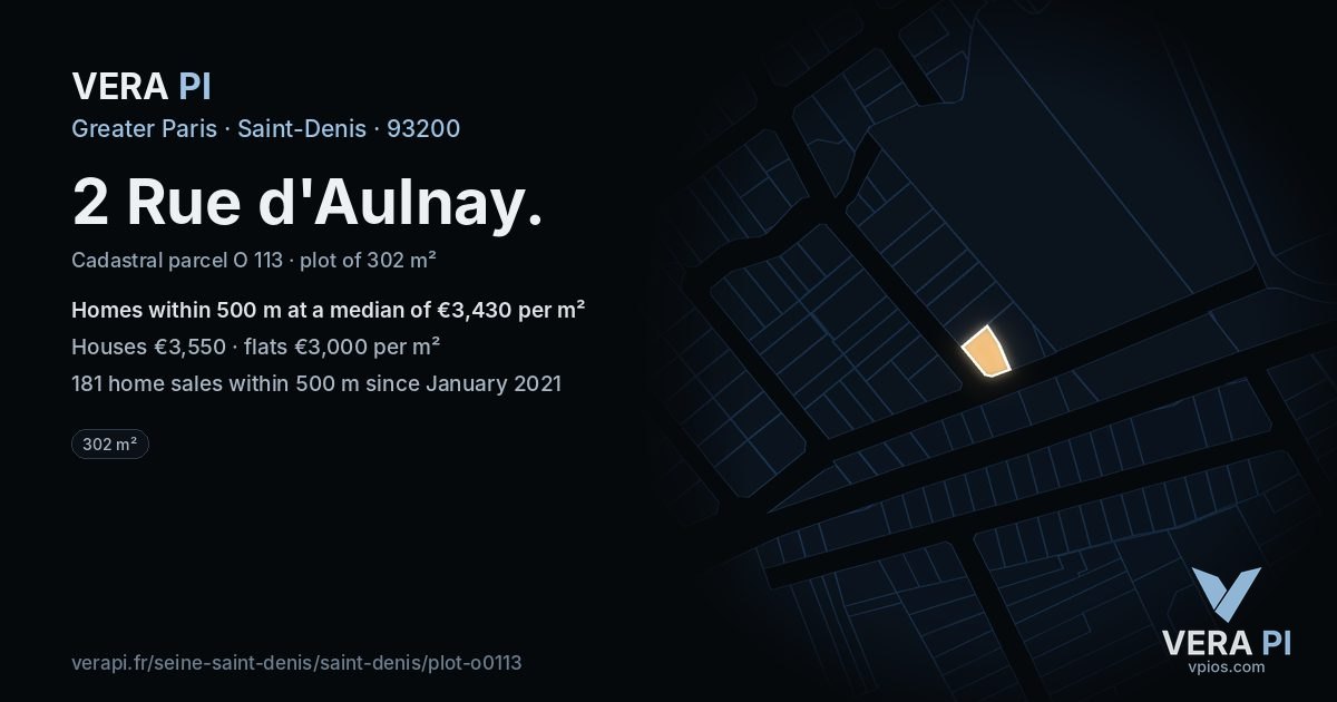 2 Rue d'Aulnay, Saint-Denis at night – the plot lit, the parcels around coloured by the prices near them