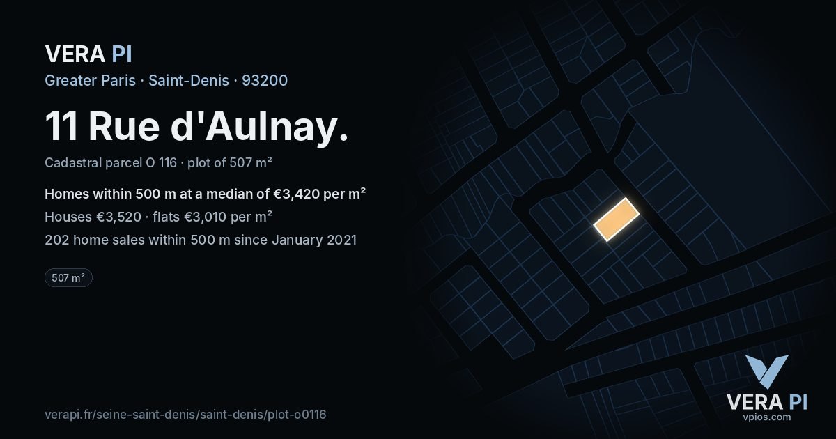 11 Rue d'Aulnay, Saint-Denis at night – the plot lit, the parcels around coloured by the prices near them