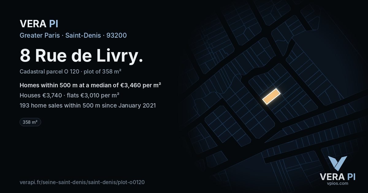 8 Rue de Livry, Saint-Denis at night – the plot lit, the parcels around coloured by the prices near them