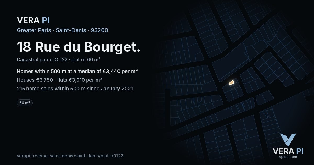 18 Rue du Bourget, Saint-Denis at night – the plot lit, the parcels around coloured by the prices near them