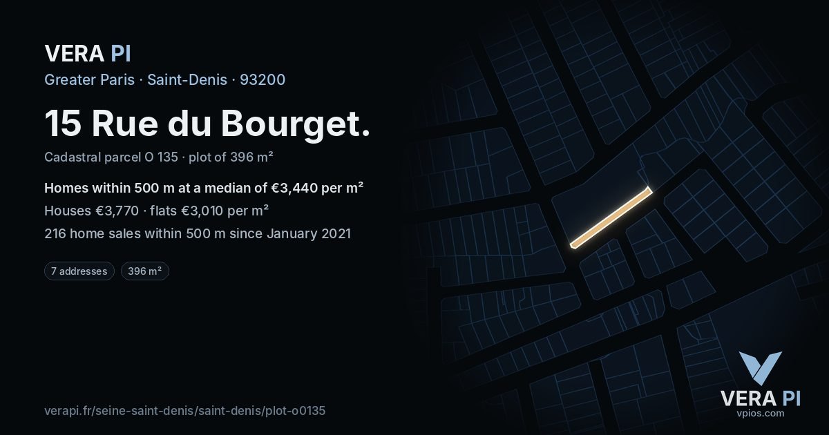 15 Rue du Bourget, Saint-Denis at night – the plot lit, the parcels around coloured by the prices near them