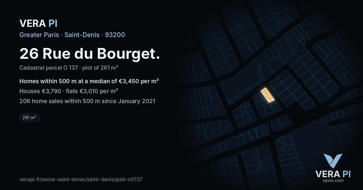 26 Rue du Bourget, Saint-Denis at night – the plot lit, the parcels around coloured by the prices near them