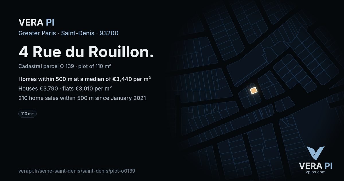 4 Rue du Rouillon, Saint-Denis at night – the plot lit, the parcels around coloured by the prices near them