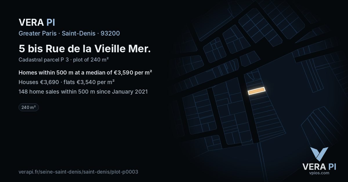 5 bis Rue de la Vieille Mer, Saint-Denis at night – the plot lit, the parcels around coloured by the prices near them