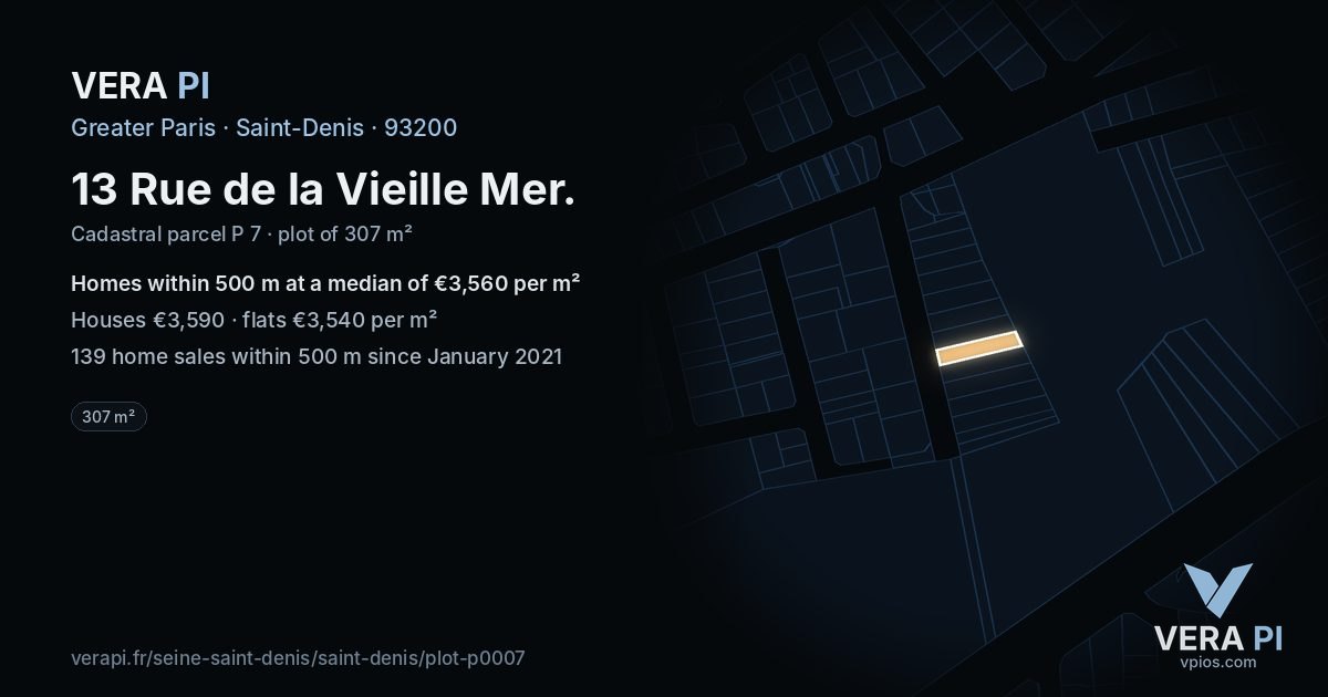 13 Rue de la Vieille Mer, Saint-Denis at night – the plot lit, the parcels around coloured by the prices near them
