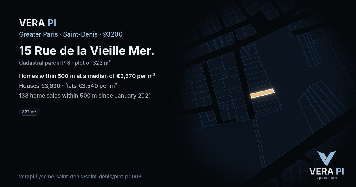 15 Rue de la Vieille Mer, Saint-Denis at night – the plot lit, the parcels around coloured by the prices near them