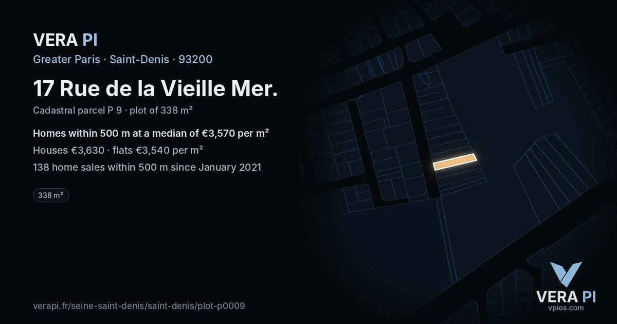 17 Rue de la Vieille Mer, Saint-Denis at night – the plot lit, the parcels around coloured by the prices near them