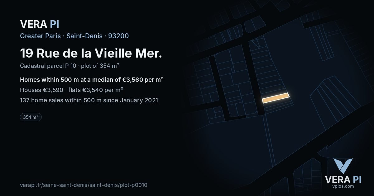 19 Rue de la Vieille Mer, Saint-Denis at night – the plot lit, the parcels around coloured by the prices near them