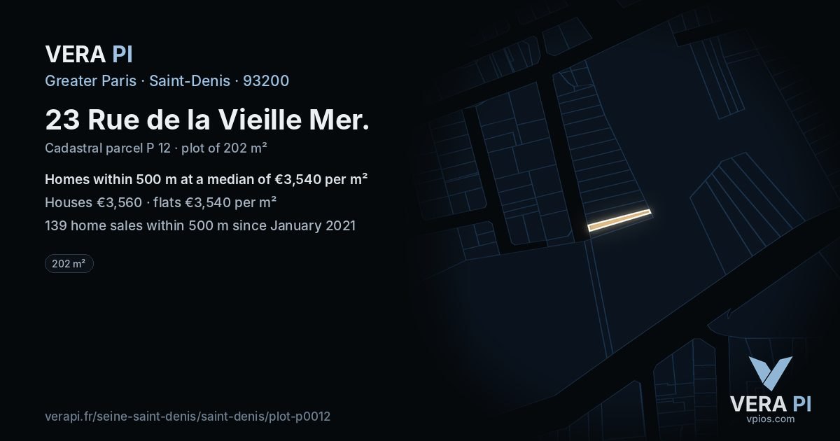 23 Rue de la Vieille Mer, Saint-Denis at night – the plot lit, the parcels around coloured by the prices near them