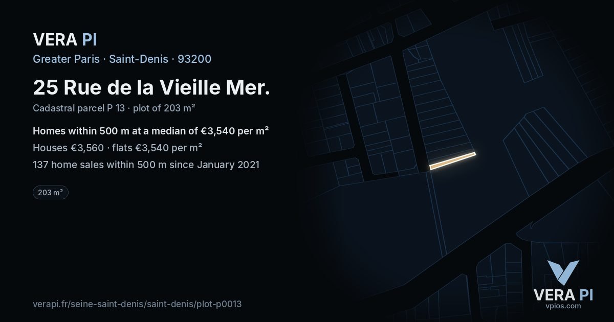 25 Rue de la Vieille Mer, Saint-Denis at night – the plot lit, the parcels around coloured by the prices near them
