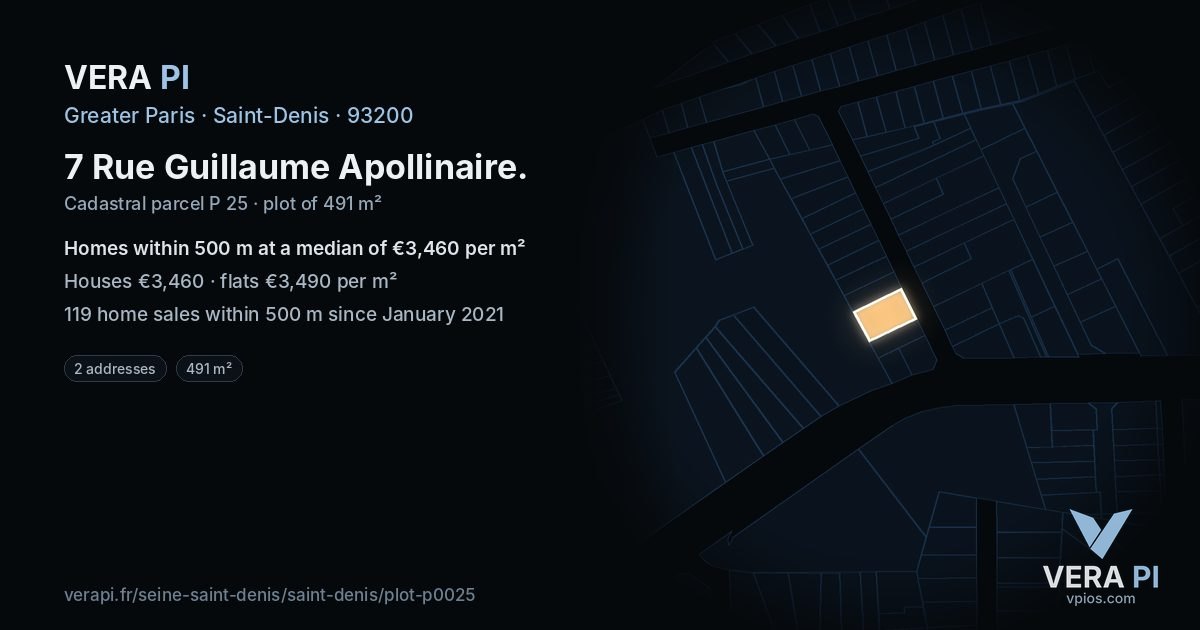 7 Rue Guillaume Apollinaire, Saint-Denis at night – the plot lit, the parcels around coloured by the prices near them