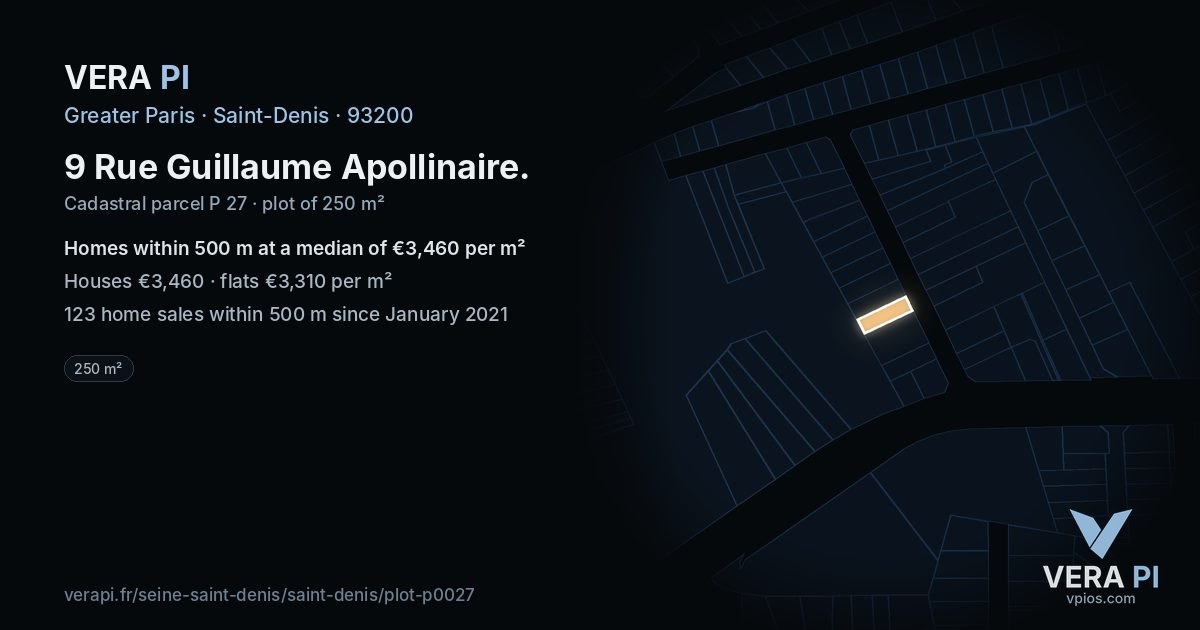 9 Rue Guillaume Apollinaire, Saint-Denis at night – the plot lit, the parcels around coloured by the prices near them
