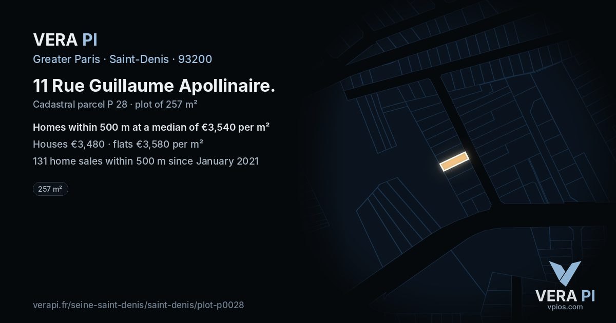 11 Rue Guillaume Apollinaire, Saint-Denis at night – the plot lit, the parcels around coloured by the prices near them