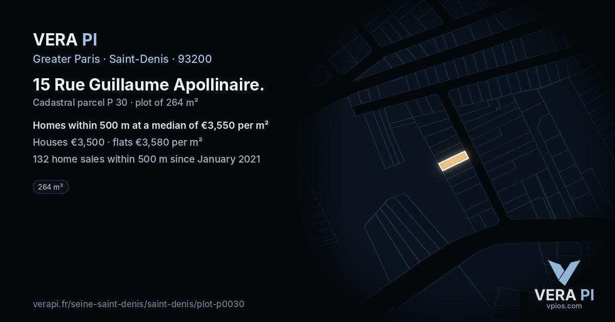 15 Rue Guillaume Apollinaire, Saint-Denis at night – the plot lit, the parcels around coloured by the prices near them