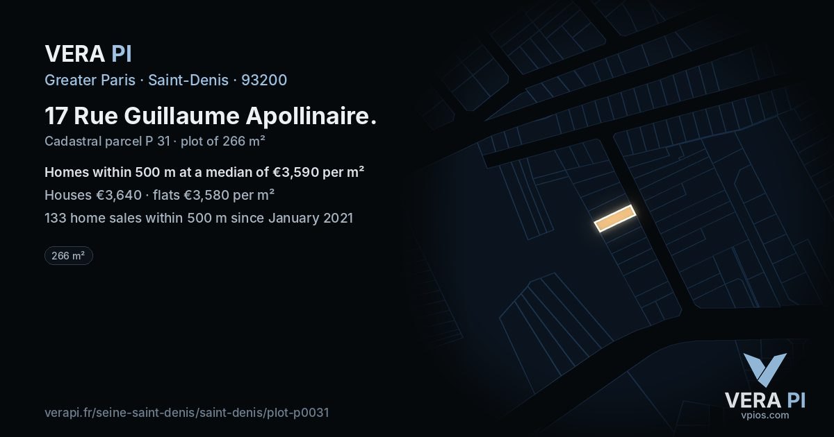 17 Rue Guillaume Apollinaire, Saint-Denis at night – the plot lit, the parcels around coloured by the prices near them